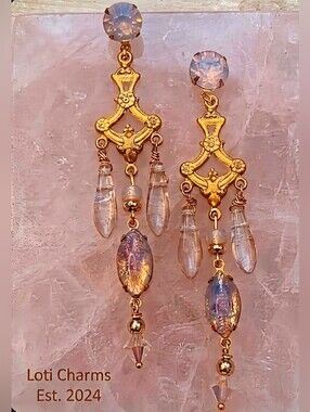 Victorian Pink Fire Opal Glass & Crystal Chandelier Long Earrings In Gold Plated